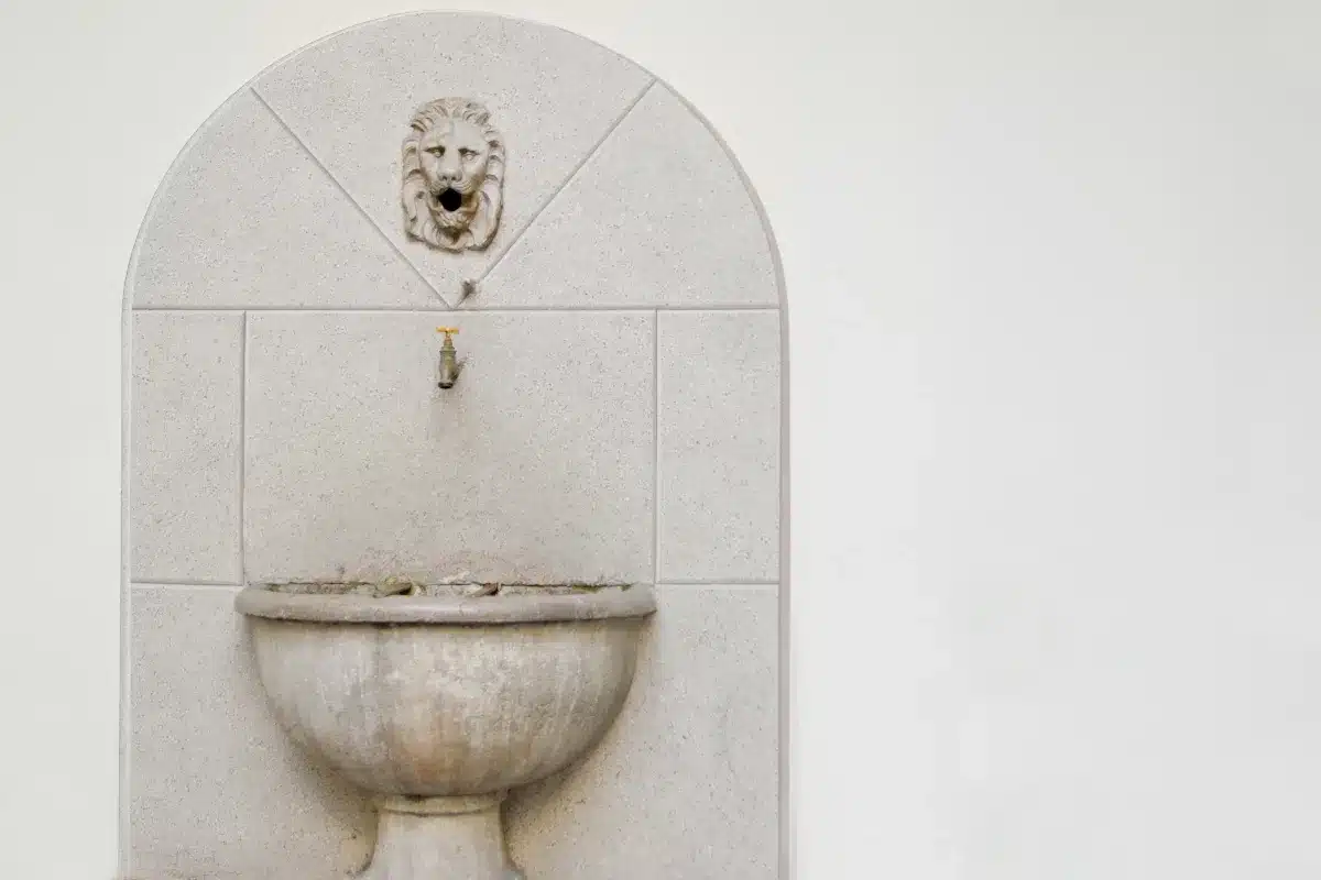 Fontaine ancienne en pierre avec une tête de lion